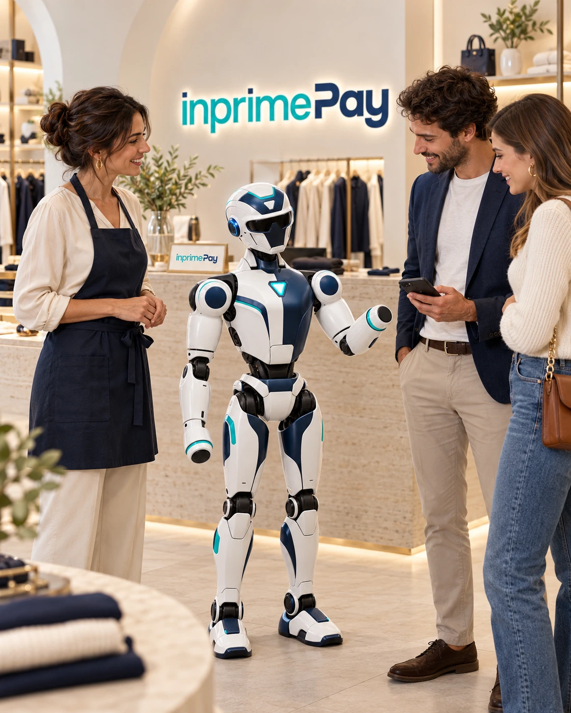 Scena illustrativa: Arturo interagisce con la titolare e due clienti in un negozio con il logo Inprimepay