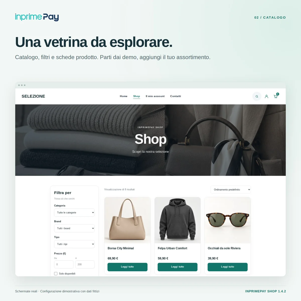 Catalogo InPrimePay Shop con filtri e prodotti dimostrativi