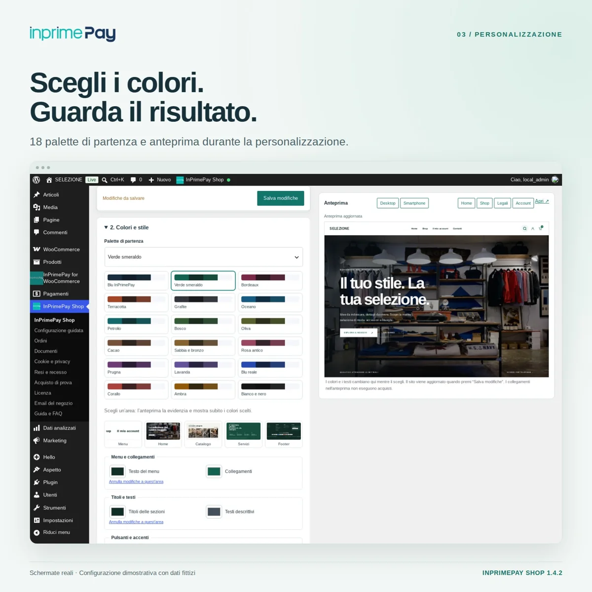 Le 18 palette di InPrimePay Shop con anteprima del negozio