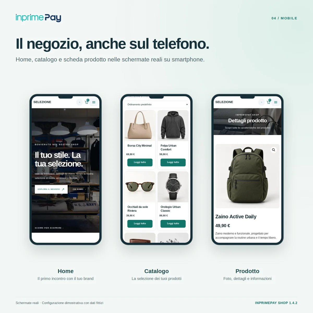 Home, catalogo e scheda prodotto InPrimePay Shop visualizzati su smartphone