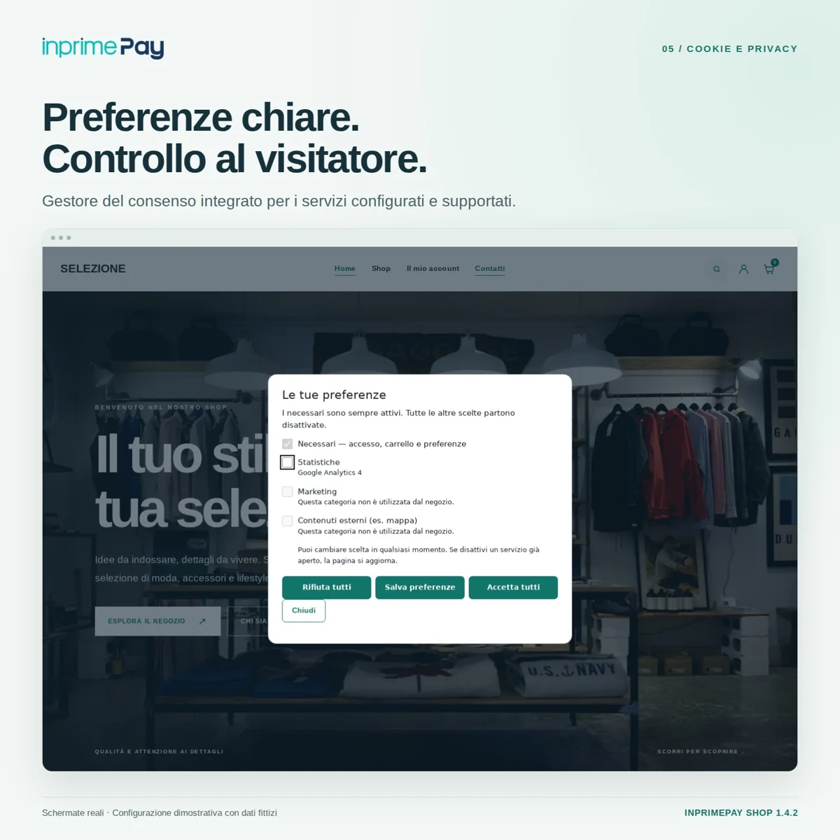 Pannello delle preferenze cookie integrato in InPrimePay Shop
