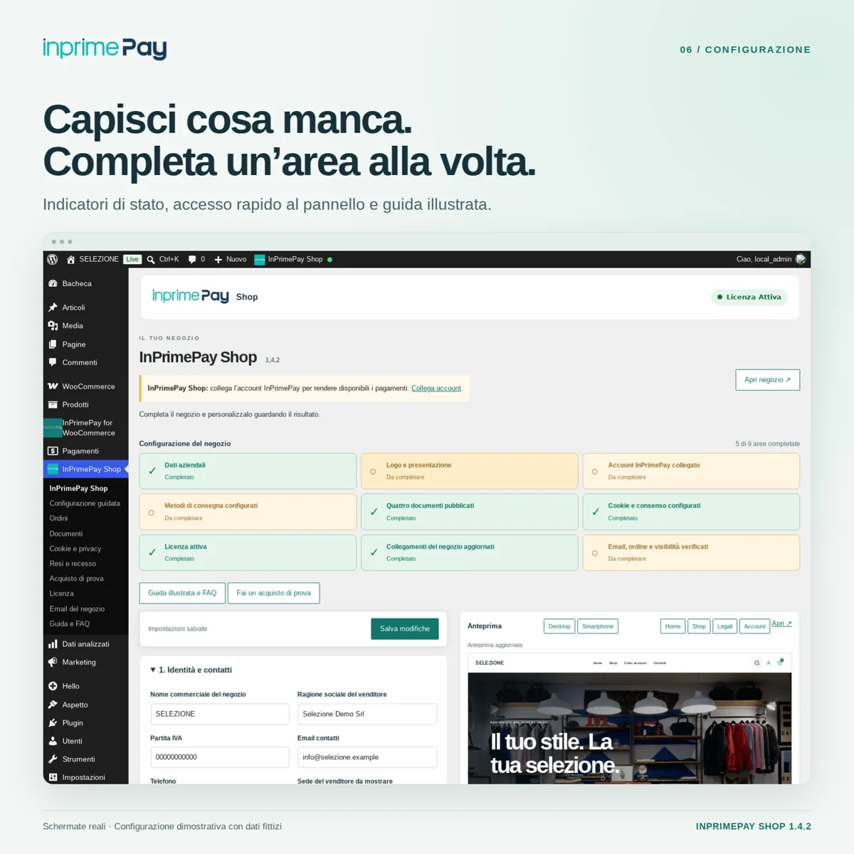 Pannello InPrimePay Shop con le aree completate e da completare